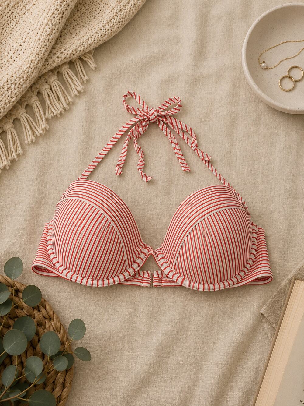 Shade & Shore Red White Stripe Underwire Bikini Top Halter Swim Nautical SZ 36D
